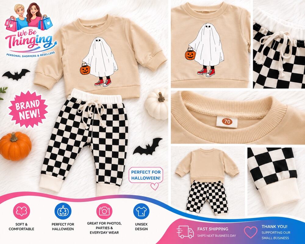 NEW Baby Ghost Halloween Outfit Size 70 2-Piece Sweatshirt & Checkered Pants Set